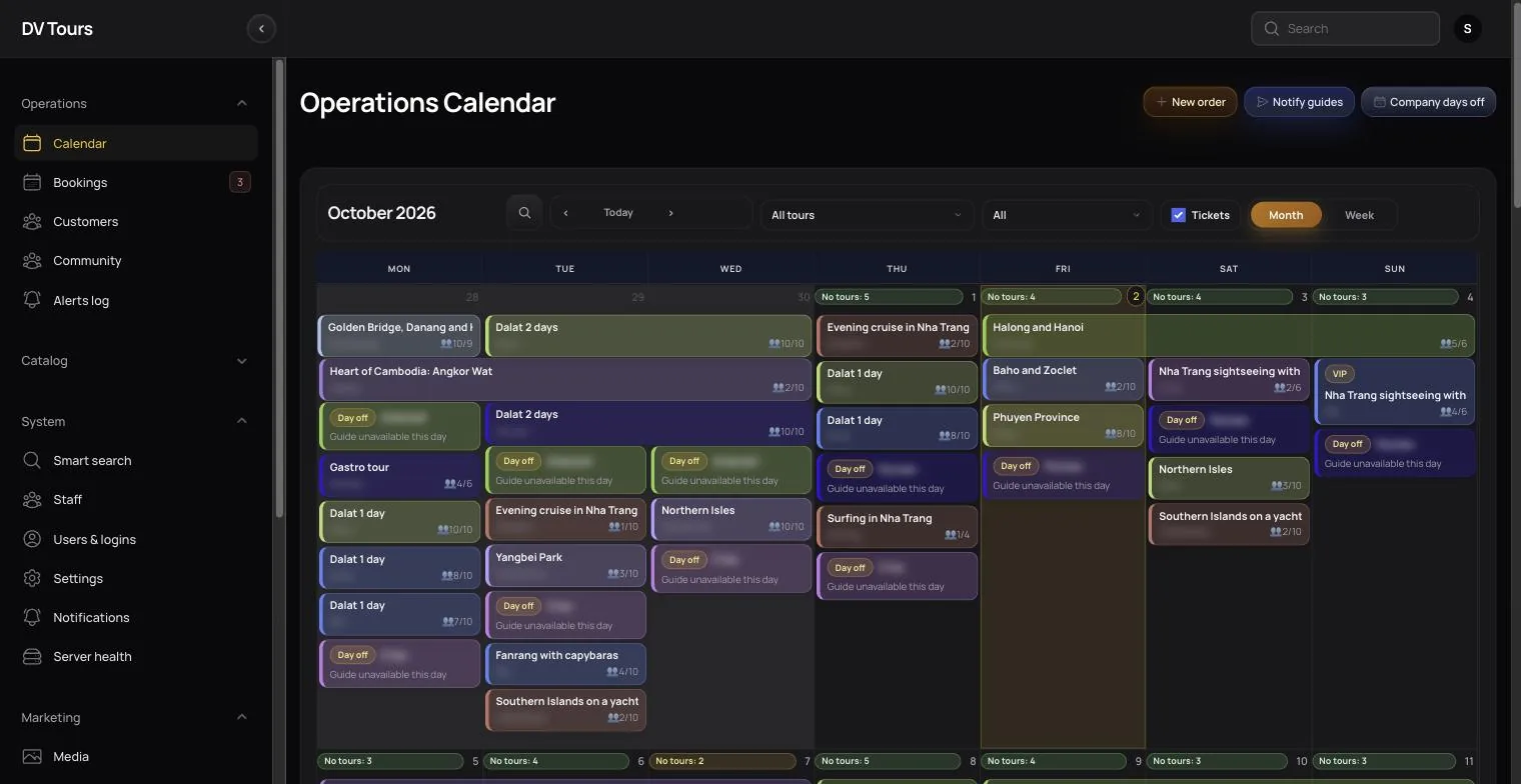 Operations calendar with tours, guides and seat counts for the month