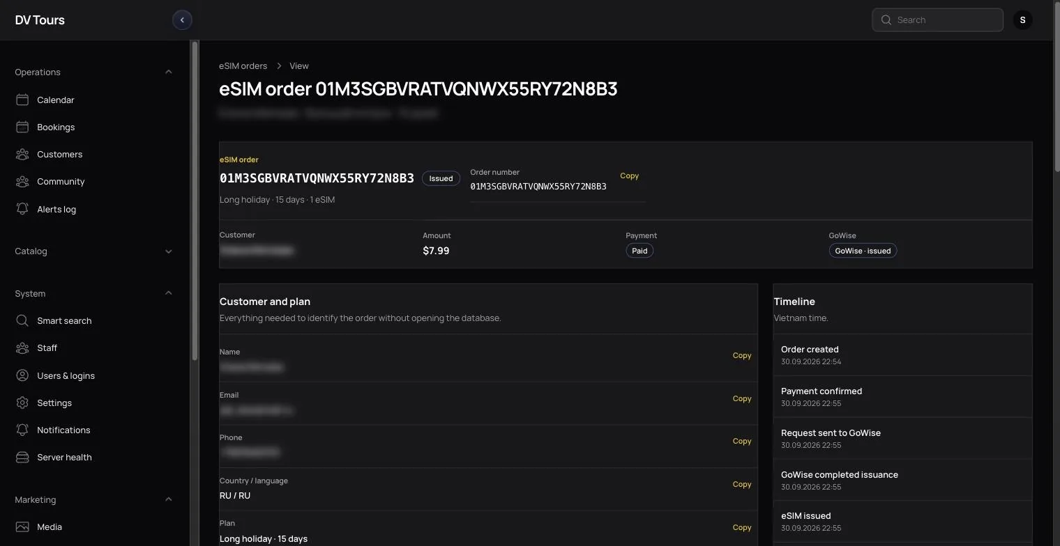 eSIM order with payment, supplier issue and customer email timeline
