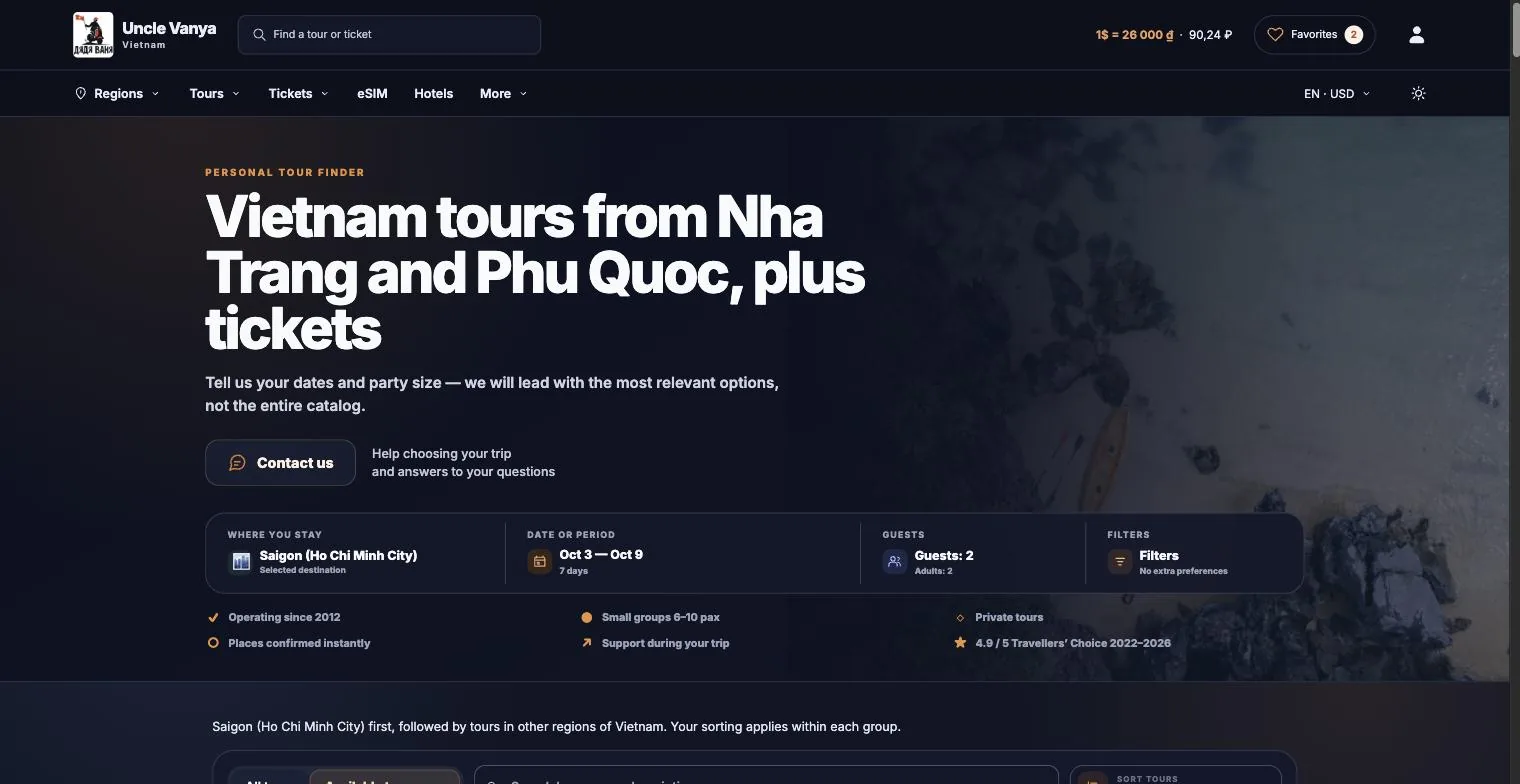 The Vanya Adventure website home page with tour search